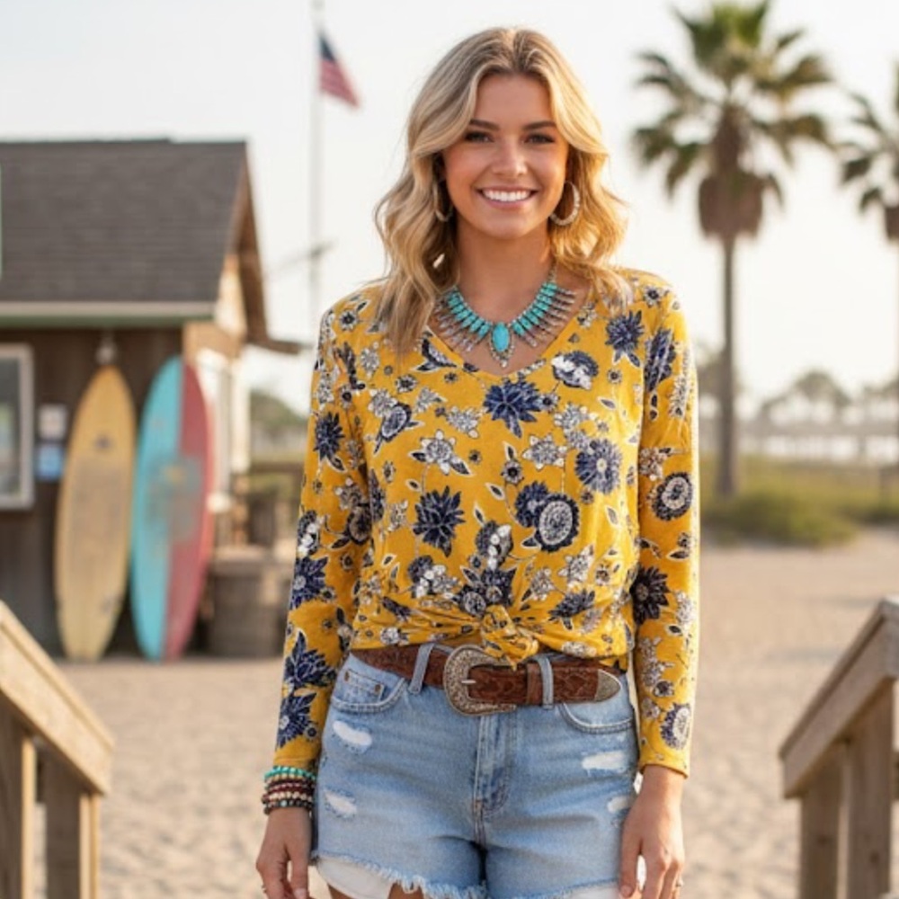 Kim Rogers perfect soft cotton Yellow‎ and Blue Floral Long Sleeve Top size L